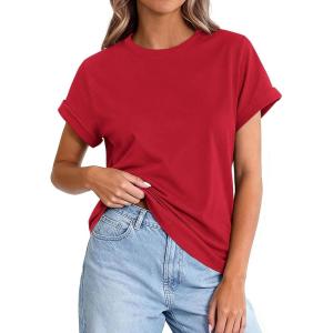 imagePRETTYGARDEN Womens Summer Tops 2026 Spring Casual Rolled Short Sleeve Basic Tees Crew Neck Work Shirts Fashion ClothingRed