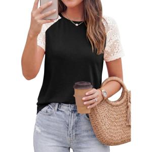 imagePRETTYGARDEN Womens Summer Tops Casual 2026 Lace Raglan Short Sleeve T Shirts Basic Tees Spring Fashion Blouse ClothesBlack