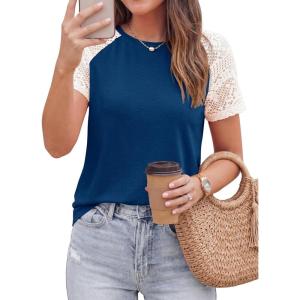 imagePRETTYGARDEN Womens Summer Tops Casual 2026 Lace Raglan Short Sleeve T Shirts Basic Tees Spring Fashion Blouse ClothesBlue