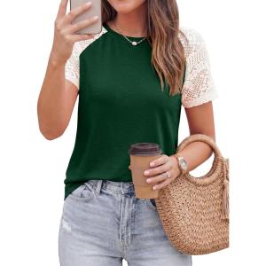 imagePRETTYGARDEN Womens Summer Tops Casual 2026 Lace Raglan Short Sleeve T Shirts Basic Tees Spring Fashion Blouse ClothesDark Green