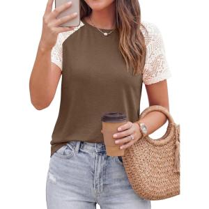 imagePRETTYGARDEN Womens Summer Tops Casual 2026 Lace Raglan Short Sleeve T Shirts Basic Tees Spring Fashion Blouse ClothesDark Khaki