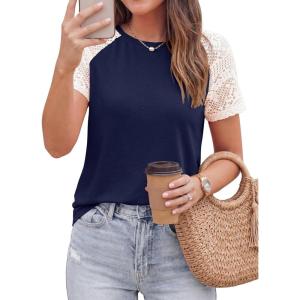 imagePRETTYGARDEN Womens Summer Tops Casual 2026 Lace Raglan Short Sleeve T Shirts Basic Tees Spring Fashion Blouse ClothesNavy Blue