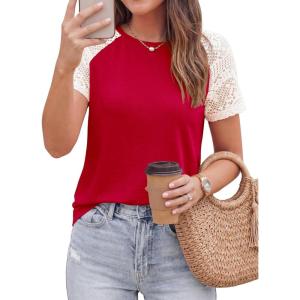 imagePRETTYGARDEN Womens Summer Tops Casual 2026 Lace Raglan Short Sleeve T Shirts Basic Tees Spring Fashion Blouse ClothesRed