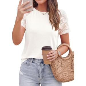 imagePRETTYGARDEN Womens Summer Tops Casual 2026 Lace Raglan Short Sleeve T Shirts Basic Tees Spring Fashion Blouse ClothesWhite