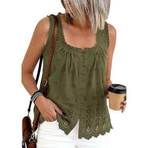 imagePRETTYGARDEN Womens Tank Tops 2026 Summer Button Down Shirts Embroidered Eyelet Dressy Casual Blouses Beach Vacation ClothesArmy Green