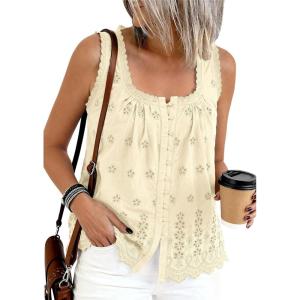 imagePRETTYGARDEN Womens Tank Tops 2026 Summer Button Down Shirts Embroidered Eyelet Dressy Casual Blouses Beach Vacation ClothesBeige