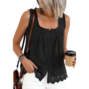 imagePRETTYGARDEN Womens Tank Tops 2026 Summer Button Down Shirts Embroidered Eyelet Dressy Casual Blouses Beach Vacation ClothesBlack