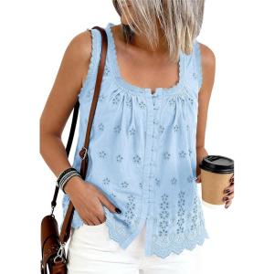 imagePRETTYGARDEN Womens Tank Tops 2026 Summer Button Down Shirts Embroidered Eyelet Dressy Casual Blouses Beach Vacation ClothesLight Blue
