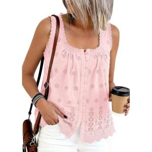 imagePRETTYGARDEN Womens Tank Tops 2026 Summer Button Down Shirts Embroidered Eyelet Dressy Casual Blouses Beach Vacation ClothesPink