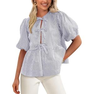 imagePRETTYGARDEN Womens Tie Front Striped Shirt 2026 Summer Trendy Fashion Cute Babydoll Tops Peplum Puffy Sleeve BlouseGrey Blue