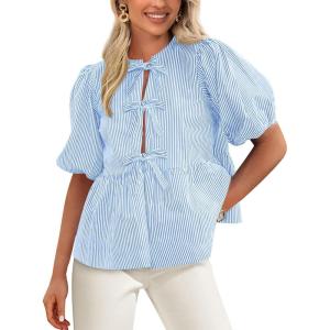 imagePRETTYGARDEN Womens Tie Front Striped Shirt 2026 Summer Trendy Fashion Cute Babydoll Tops Peplum Puffy Sleeve BlouseLight Blue