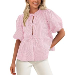 imagePRETTYGARDEN Womens Tie Front Striped Shirt 2026 Summer Trendy Fashion Cute Babydoll Tops Peplum Puffy Sleeve BlousePink