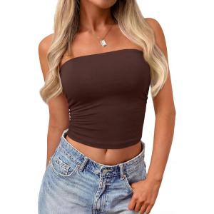 imagePRETTYGARDEN Womens Tube Top 2026 Summer Going Out Tops Strapless Y2K Bandeau Spring Fitted Shirts Beach Vacation ClothesBrown