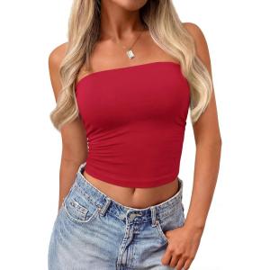 imagePRETTYGARDEN Womens Tube Top 2026 Summer Going Out Tops Strapless Y2K Bandeau Spring Fitted Shirts Beach Vacation ClothesRed