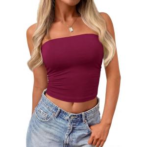 imagePRETTYGARDEN Womens Tube Top 2026 Summer Going Out Tops Strapless Y2K Bandeau Spring Fitted Shirts Beach Vacation ClothesWine Red