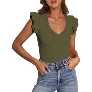 imagePRETTYGARDEN Womens V Neck Summer Tops Ruffle Sleeveless Slim Fit T Shirts Going Out Casual Blouses 2026Army Green