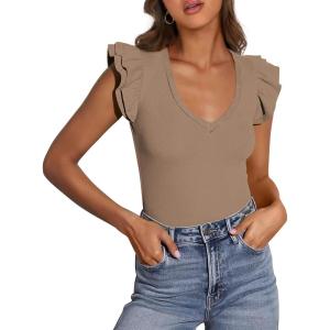 imagePRETTYGARDEN Womens V Neck Summer Tops Ruffle Sleeveless Slim Fit T Shirts Going Out Casual Blouses 2026Khaki