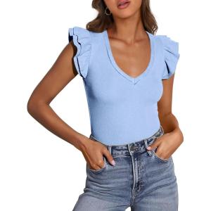 imagePRETTYGARDEN Womens V Neck Summer Tops Ruffle Sleeveless Slim Fit T Shirts Going Out Casual Blouses 2026Light Blue