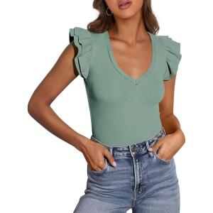 imagePRETTYGARDEN Womens V Neck Summer Tops Ruffle Sleeveless Slim Fit T Shirts Going Out Casual Blouses 2026Light Green