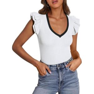 imagePRETTYGARDEN Womens V Neck Summer Tops Ruffle Sleeveless Slim Fit T Shirts Going Out Casual Blouses 2026White