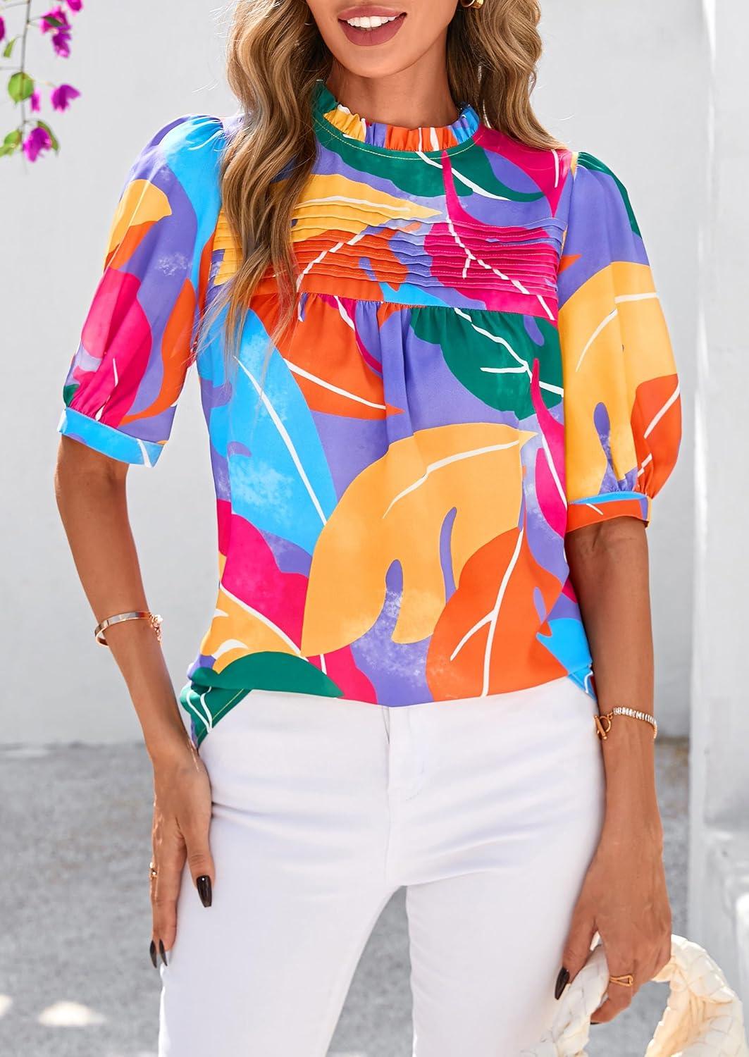 imagePRETTYGARDEN Floral Tops for Women Blouses Dressy Casual 2026 Summer Trendy Outfits Boho Pleated Short Sleeve ShirtsMulticolored Flower