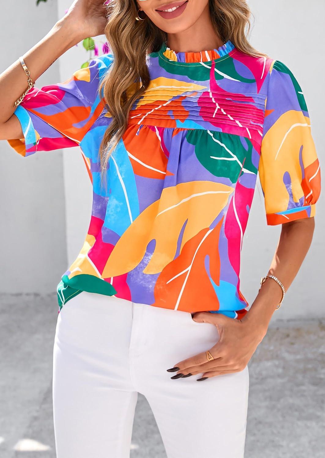 imagePRETTYGARDEN Floral Tops for Women Blouses Dressy Casual 2026 Summer Trendy Outfits Boho Pleated Short Sleeve ShirtsMulticolored Flower