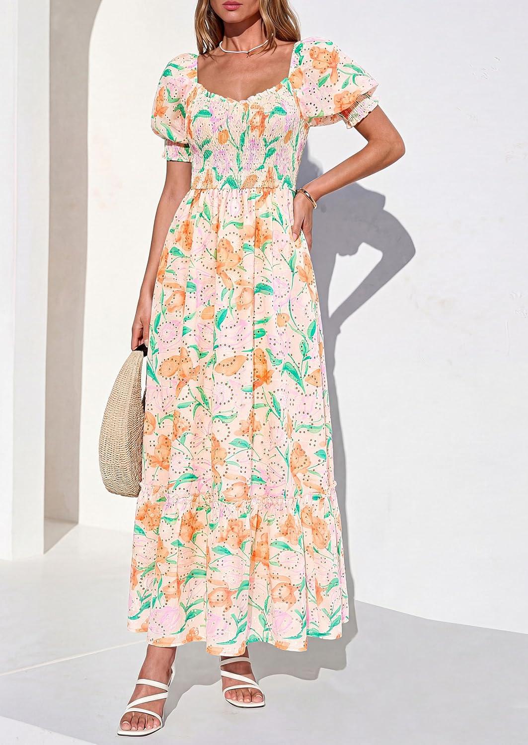 imagePRETTYGARDEN Womens Floral Boho Maxi Dresses Flowy Short Sleeve A Line Smocked Eyelet 2026 Summer Beach Vacation ClothesFloral Apricot Multicolored