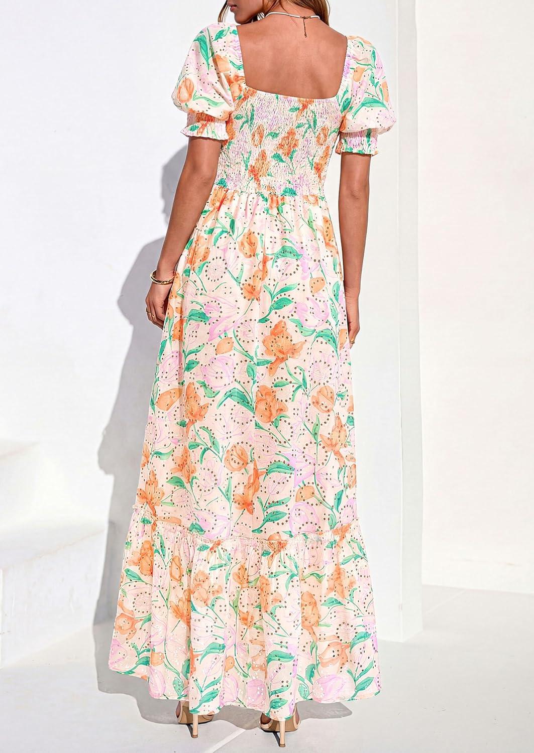 imagePRETTYGARDEN Womens Floral Boho Maxi Dresses Flowy Short Sleeve A Line Smocked Eyelet 2026 Summer Beach Vacation ClothesFloral Apricot Multicolored