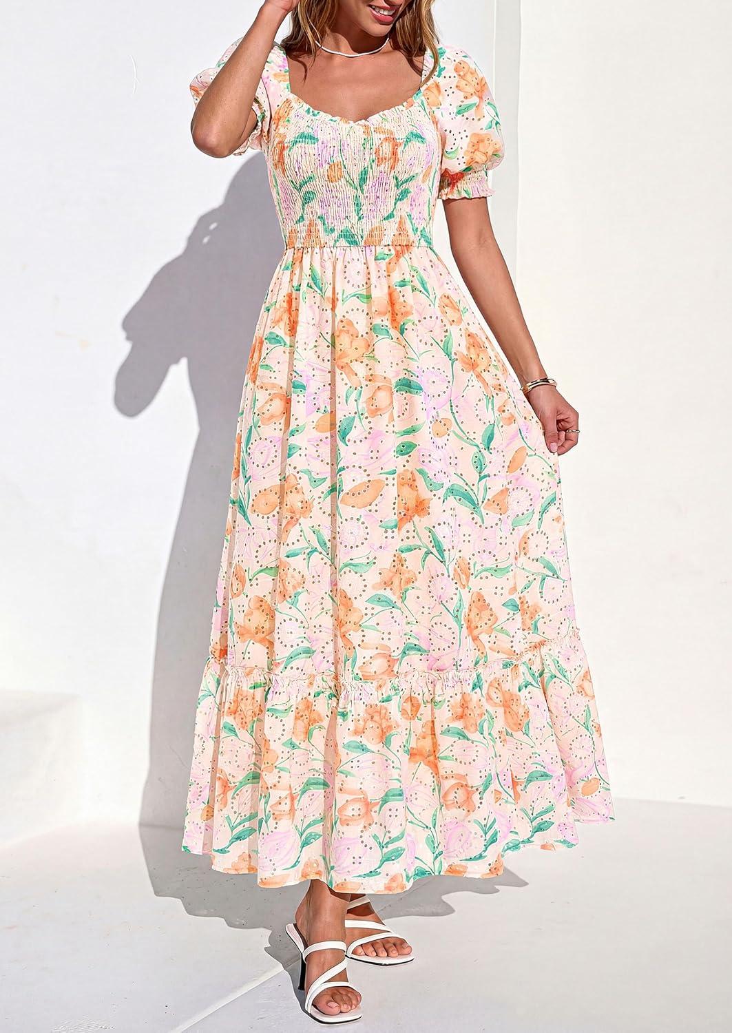 imagePRETTYGARDEN Womens Floral Boho Maxi Dresses Flowy Short Sleeve A Line Smocked Eyelet 2026 Summer Beach Vacation ClothesFloral Apricot Multicolored