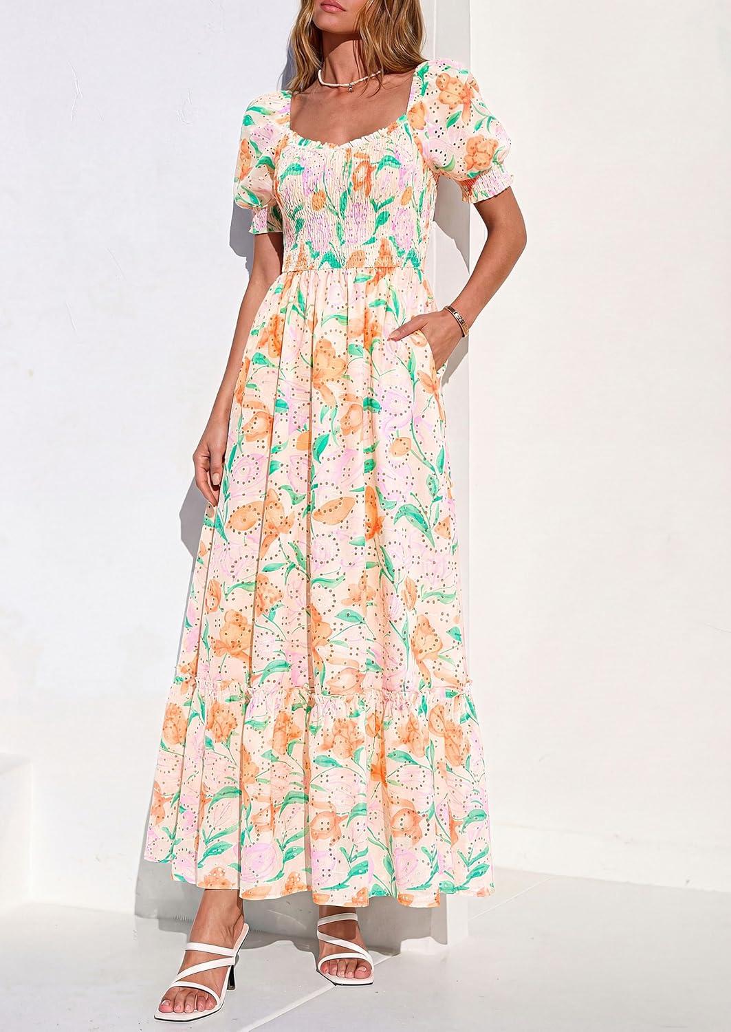 imagePRETTYGARDEN Womens Floral Boho Maxi Dresses Flowy Short Sleeve A Line Smocked Eyelet 2026 Summer Beach Vacation ClothesFloral Apricot Multicolored