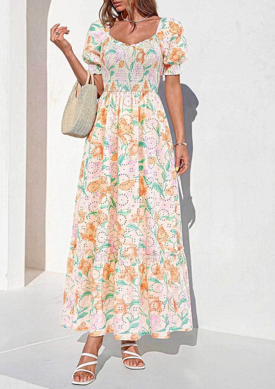 imagePRETTYGARDEN Womens Floral Boho Maxi Dresses Flowy Short Sleeve A Line Smocked Eyelet 2026 Summer Beach Vacation ClothesFloral Apricot Multicolored