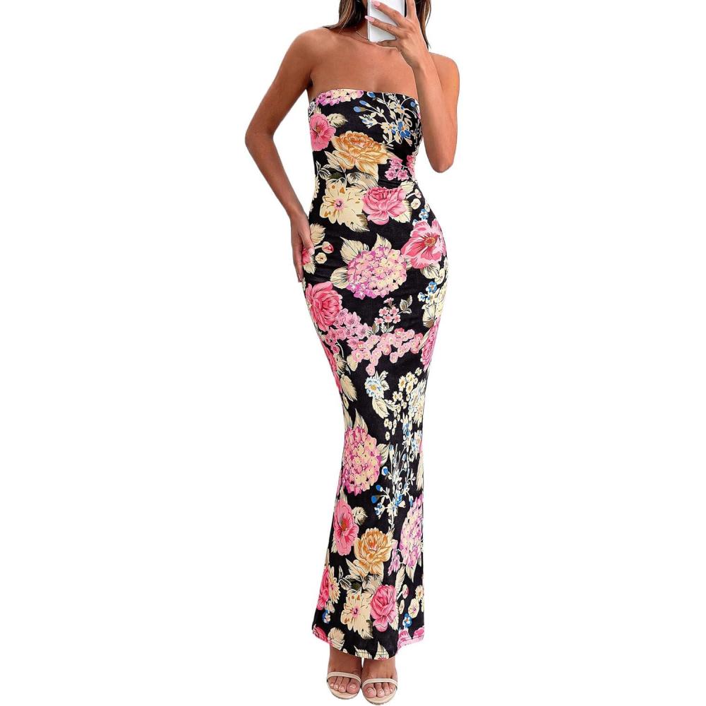 imagePRETTYGARDEN Bodycon Long Dresses for Women 2026 Strapless Tube Summer Floral Maxi Dress Sleeveless Back Slit Beach OutfitsFloral Black Multicolored