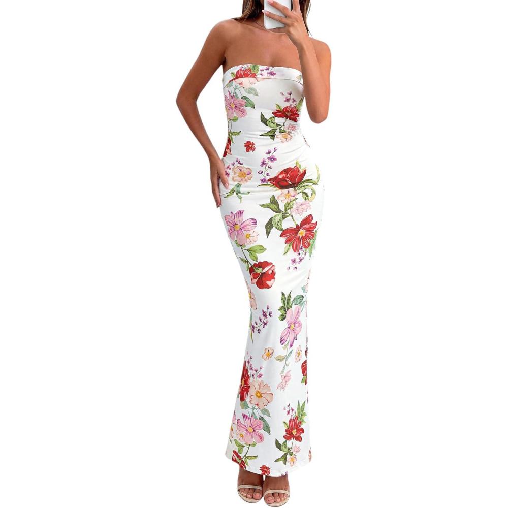 imagePRETTYGARDEN Bodycon Long Dresses for Women 2026 Strapless Tube Summer Floral Maxi Dress Sleeveless Back Slit Beach OutfitsFloral White Multicolored