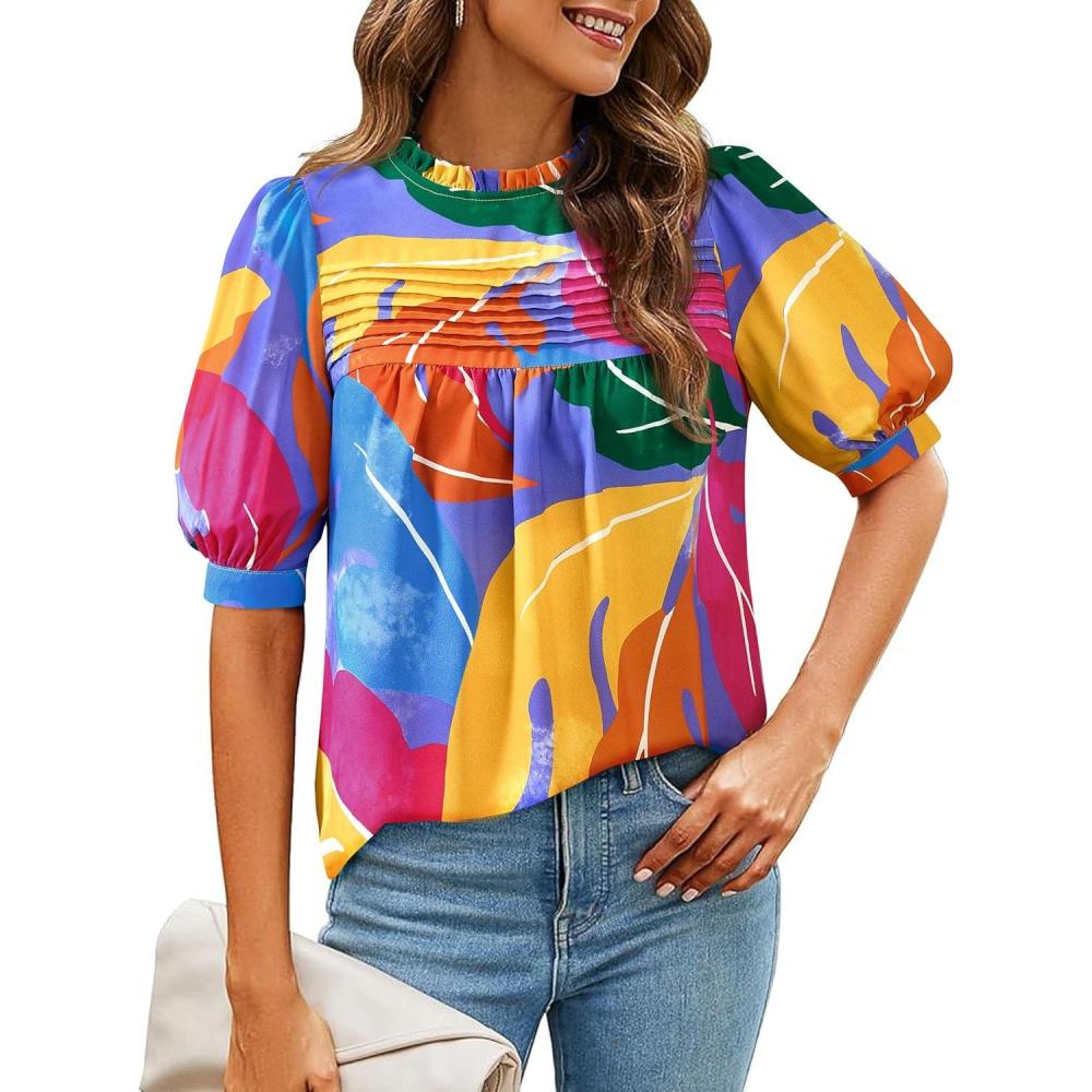 imagePRETTYGARDEN Floral Tops for Women Blouses Dressy Casual 2026 Summer Trendy Outfits Boho Pleated Short Sleeve ShirtsMulticolored Flower