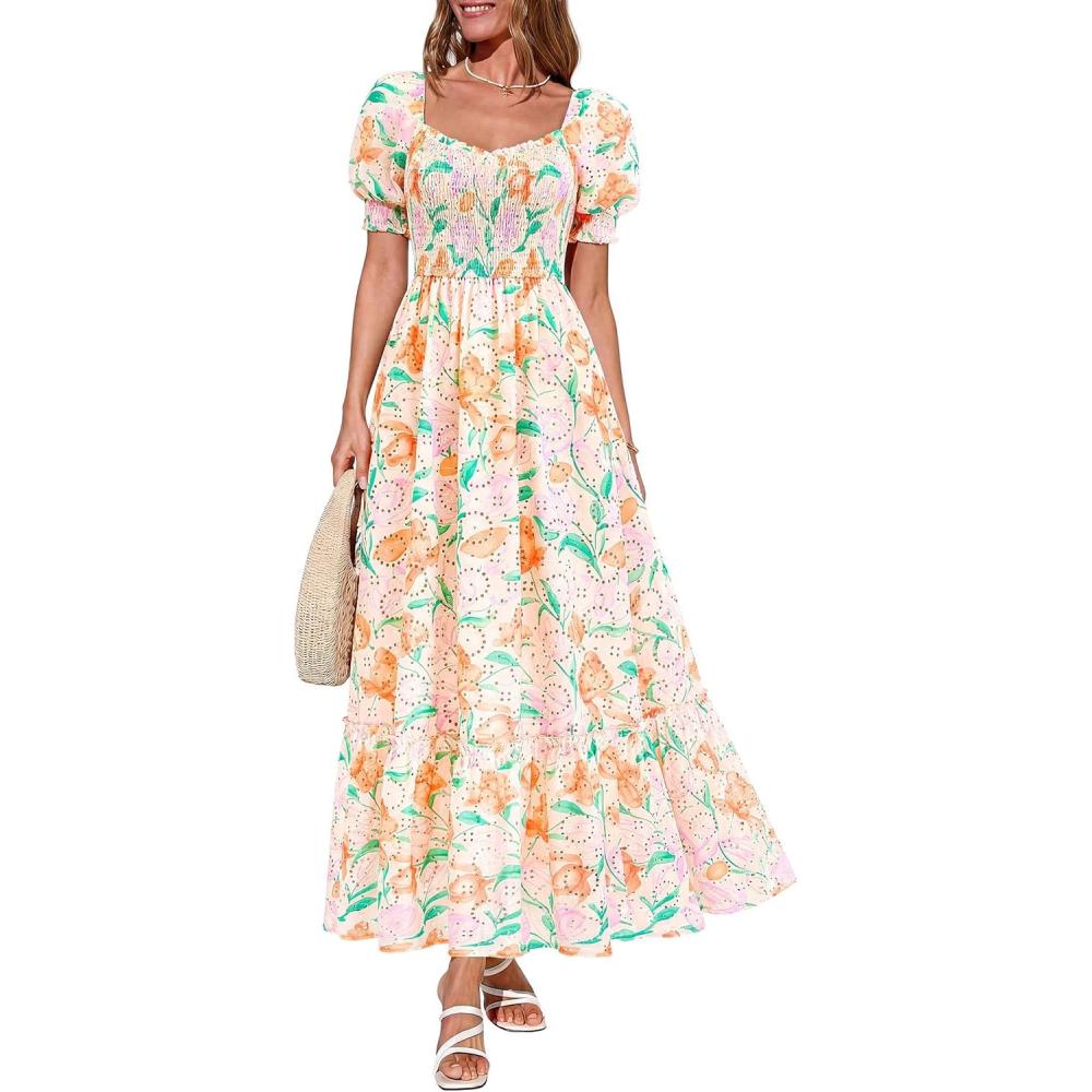 imagePRETTYGARDEN Womens Floral Boho Maxi Dresses Flowy Short Sleeve A Line Smocked Eyelet 2026 Summer Beach Vacation ClothesFloral Apricot Multicolored