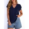 imagePRETTYGARDEN Blouses for Women Dressy Casual Spring 2026 Cap Sleeve V Neck Lace Trim Boho Tops Work Shirts Summer ClothesNavy Blue