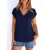 imagePRETTYGARDEN Blouses for Women Dressy Casual Spring 2026 Cap Sleeve V Neck Lace Trim Boho Tops Work Shirts Summer ClothesNavy Blue