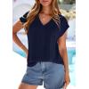 imagePRETTYGARDEN Blouses for Women Dressy Casual Spring 2026 Cap Sleeve V Neck Lace Trim Boho Tops Work Shirts Summer ClothesNavy Blue