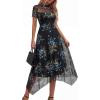 imagePRETTYGARDEN Cocktail Dresses for Women 2026 Summer Short Sleeve Floral Mesh Sheer Midi Party Wedding Guest DressFloral Black Blue Yellow