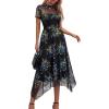 imagePRETTYGARDEN Cocktail Dresses for Women 2026 Summer Short Sleeve Floral Mesh Sheer Midi Party Wedding Guest DressFloral Black Blue Yellow