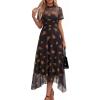 imagePRETTYGARDEN Cocktail Dresses for Women 2026 Summer Short Sleeve Floral Mesh Sheer Midi Party Wedding Guest DressFloral Black Orange