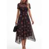 imagePRETTYGARDEN Cocktail Dresses for Women 2026 Summer Short Sleeve Floral Mesh Sheer Midi Party Wedding Guest DressFloral Black Red