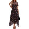 imagePRETTYGARDEN Cocktail Dresses for Women 2026 Summer Short Sleeve Floral Mesh Sheer Midi Party Wedding Guest DressFloral Black Red
