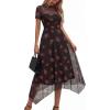 imagePRETTYGARDEN Cocktail Dresses for Women 2026 Summer Short Sleeve Floral Mesh Sheer Midi Party Wedding Guest DressFloral Black Red