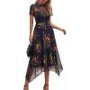 imagePRETTYGARDEN Cocktail Dresses for Women 2026 Summer Short Sleeve Floral Mesh Sheer Midi Party Wedding Guest DressFloral Black Yellow