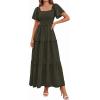 imagePRETTYGARDEN Summer Dresses for Women 2026 Boho Maxi Smocked Spring Wedding Guest Square Neck Short Sleeve Swiss Dot DressArmy Green