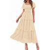 imagePRETTYGARDEN Summer Dresses for Women 2026 Boho Maxi Smocked Spring Wedding Guest Square Neck Short Sleeve Swiss Dot DressBeige