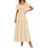 imagePRETTYGARDEN Summer Dresses for Women 2026 Boho Maxi Smocked Spring Wedding Guest Square Neck Short Sleeve Swiss Dot DressBeige