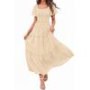 imagePRETTYGARDEN Summer Dresses for Women 2026 Boho Maxi Smocked Spring Wedding Guest Square Neck Short Sleeve Swiss Dot DressBeige