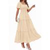 imagePRETTYGARDEN Summer Dresses for Women 2026 Boho Maxi Smocked Spring Wedding Guest Square Neck Short Sleeve Swiss Dot DressBeige
